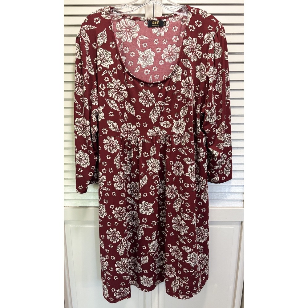 R&B Collection Floral Midi Dress Size 3XL 3/4 Sleeve Scoop Burgundy/Cream Boho